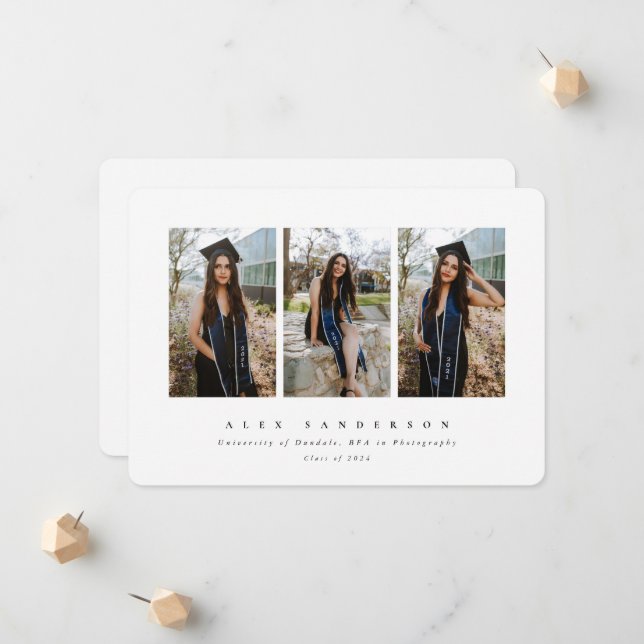 Minimal Elegant White Triple Photo Graduation Announcement (Front/Back In Situ)