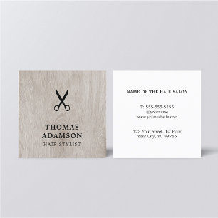 Minimal Elegant Wooden Black Scissor Hair Stylist Square Business Card