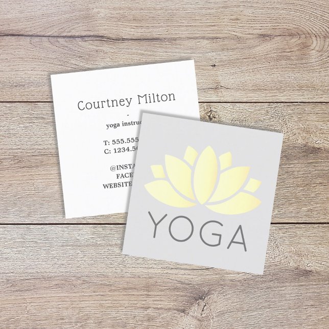 Minimal Elegant Yellow Lotus Icon Grey Yoga Square Business Card (Creator Uploaded)