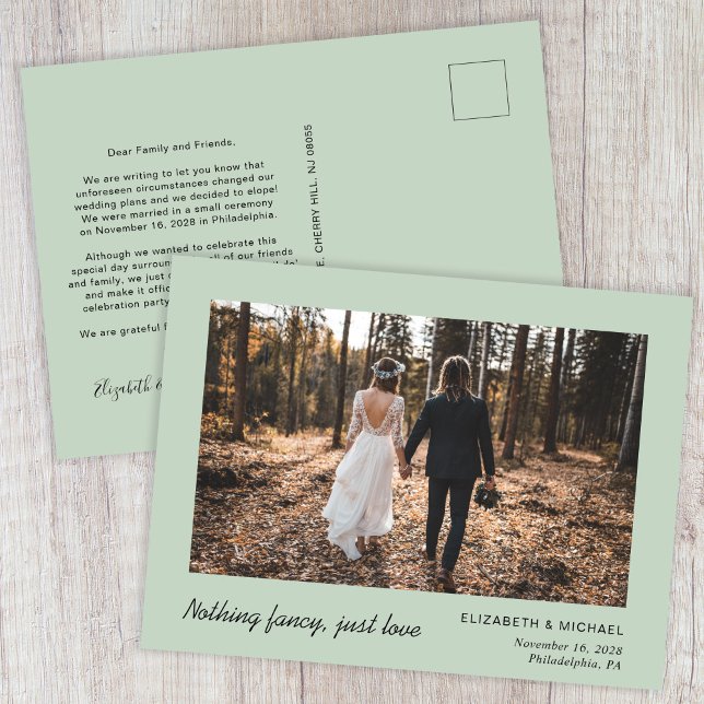 Minimal Elopement Photo Sage Green Announcement Postcard (Creator Uploaded)
