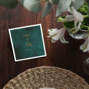 Minimal Emerald Green and Gold Script Wedding Napkin