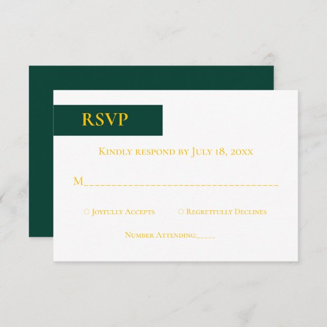 Minimal Emerald Green Gold Monogram Classy Wedding RSVP Card (Front/Back)