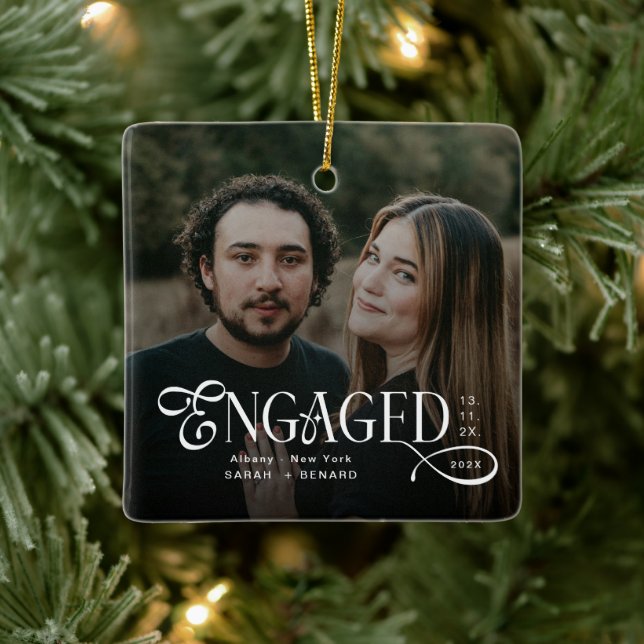 Minimal Engaged Couples Photo Stylish Christmas Ceramic Ornament (Tree)