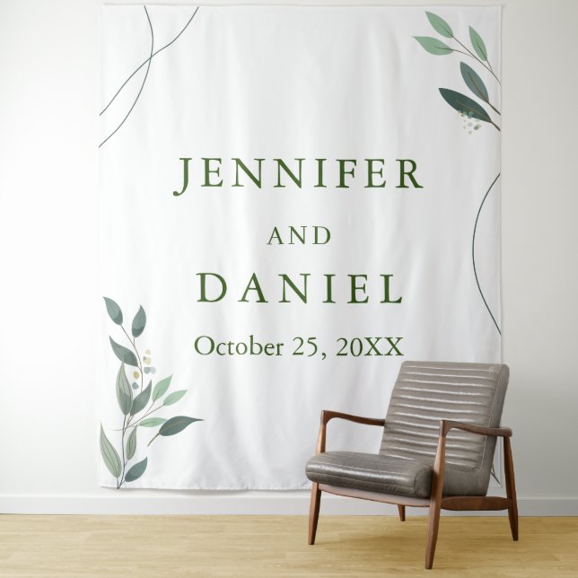 Minimal Eucalyptus Greenery Wedding Photo Backdrop Tapestry (In Situ)