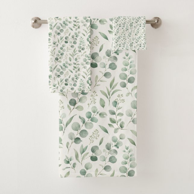 Minimal Eucalyptus Leaves Seamless Pattern Bath Towel Set (Insitu)