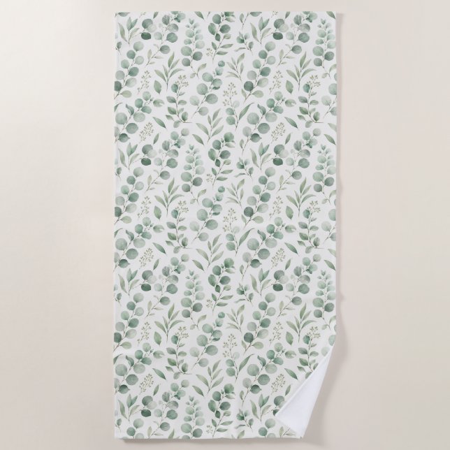 Minimal Eucalyptus Leaves Seamless Pattern Beach Towel (Front)
