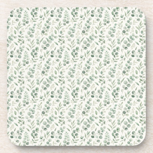 Minimal Eucalyptus Leaves Seamless Pattern Coaster (Front)