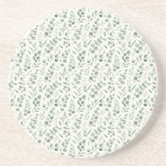Minimal Eucalyptus Leaves Seamless Pattern Coaster (Front)