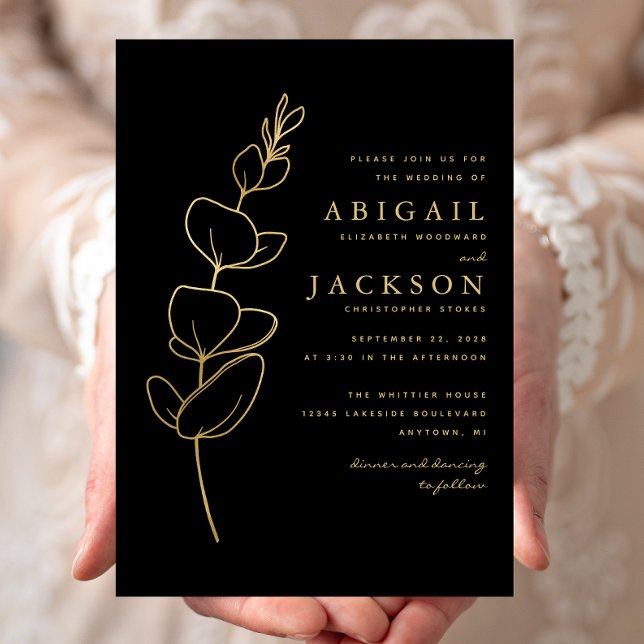 Minimal Eucalyptus Line Drawing Black Gold Wedding Invitation (Creator Uploaded)