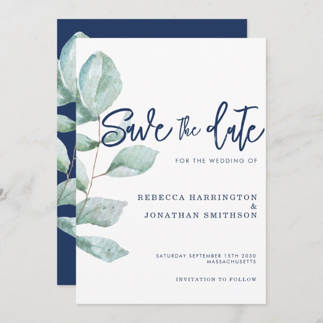 Minimal Eucalyptus Navy Blue Wedding Save The Date Invitation (Front/Back)