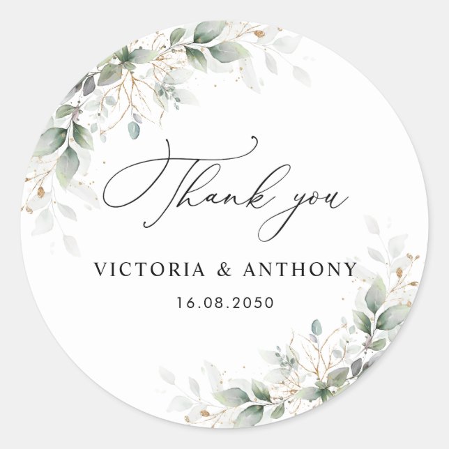 Minimal Eucalyptus Wedding Classic Round Sticker (Front)