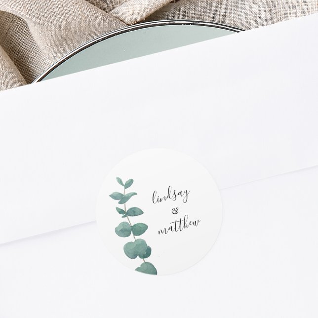 Minimal Eucalyptus Wedding Classic Round Sticker (Creator Uploaded)