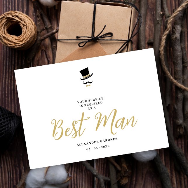 Minimal Exquisite Gorgeous Script Best Man  Invitation (Minimalist Exquisite Gorgeous Script Best Man Wedding Proposal Card in Black and Faux Gold.)