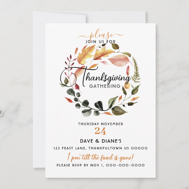 Minimal Fall Wreath Thanksgiving Gathering  Invitation (Front)