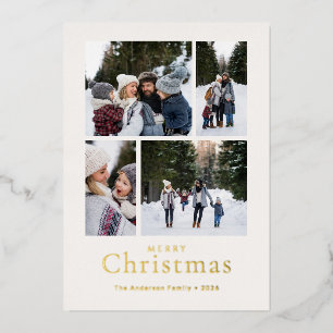 Minimal Family 4 Photo Merry Christmas Foil Holiday Card