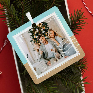 Minimal Family Photos Postage Stamps Personalised Metal Tree Decoration