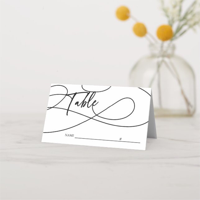 Minimal Fancy Script "Table" Calligraphy Wedding Place Card (Front)