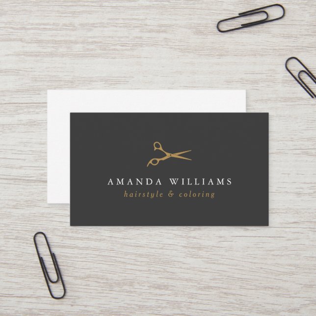 Minimal Faux Gold Scissors Hair Stylist Gray Business Card (Front/Back In Situ)