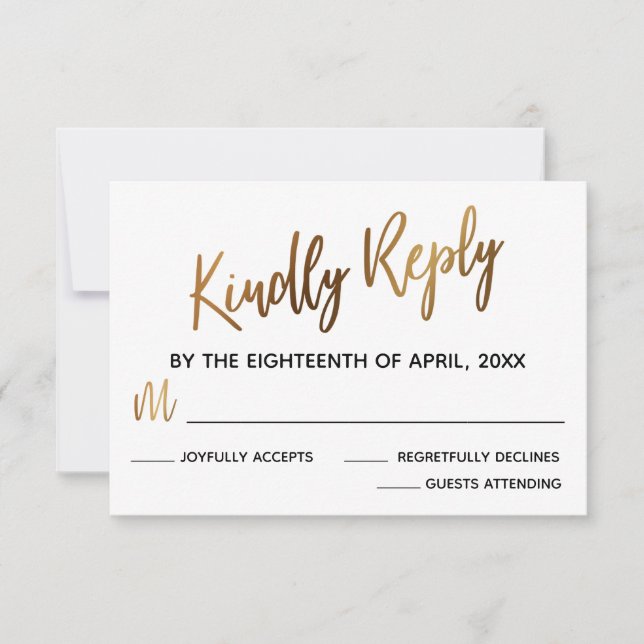 Minimal Faux Gold Typography Wedding RSVP Card (Front)