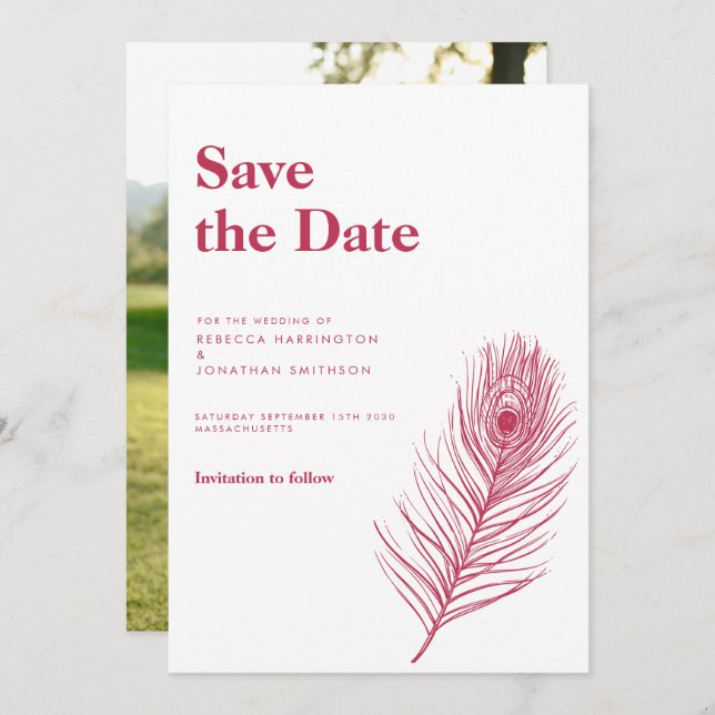  Minimal Feather Magenta Wedding Save The Date Invitation (Front/Back)