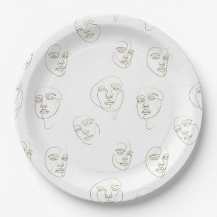 Minimal Female Face Line Pattern (2) Paper Plate