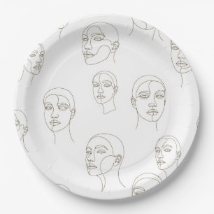 Minimal Female Face Line Pattern (3) Paper Plate