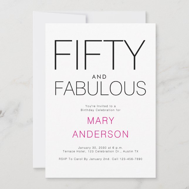 Minimal Fifty and Fabulous 50th Birthday Party Invitation (Front)