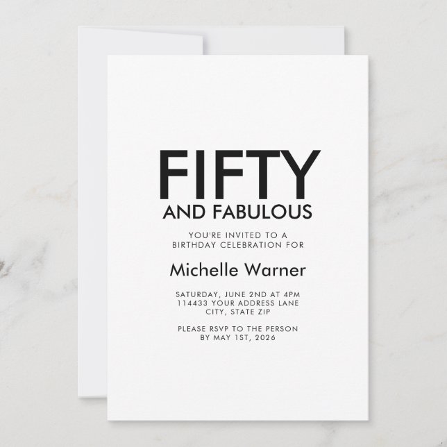 Minimal Fifty and Fabulous 50th Birthday Party Invitation (Front)