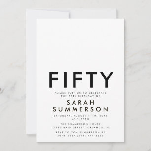 Minimal Fifty Black White 50th Birthday Invitation