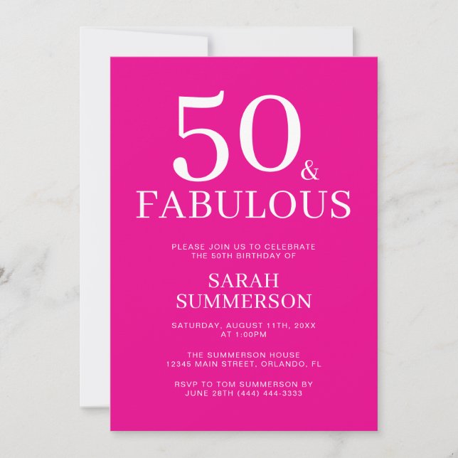 Minimal Fifty Fabulous Pink 50th Birthday Party Invitation (Front)