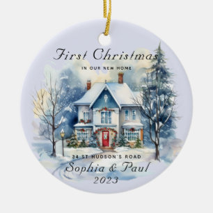 Minimal First Christmas In Our New Home Watercolor Ceramic Ornament