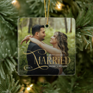 Minimal First Christmas Married Couples 2 Photos Ceramic Ornament