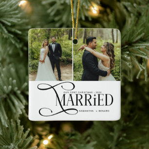 Minimal First Christmas Married Couples 2 Photos Ceramic Ornament