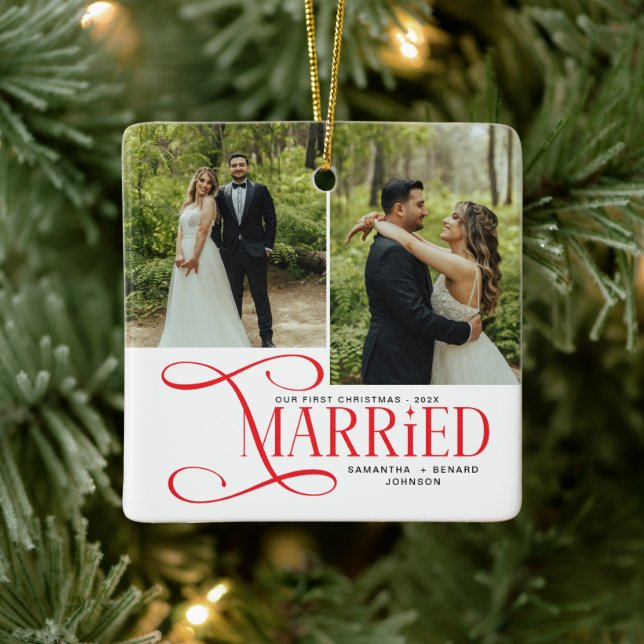 Minimal First Christmas Married Couples 2 Photos Ceramic Ornament (Tree)