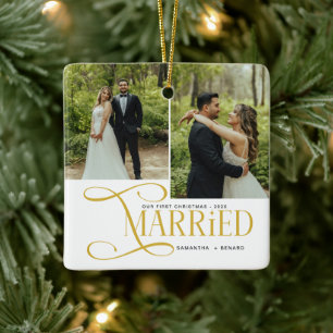 Minimal First Christmas Married Couples 2 Photos Ceramic Ornament