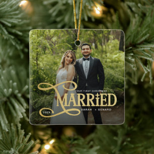 Minimal First Christmas Married Couples 2 Photos Ceramic Ornament