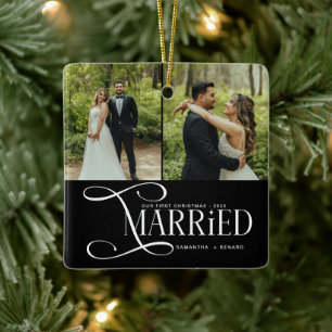 Minimal First Christmas Married Couples 2 Photos Ceramic Ornament