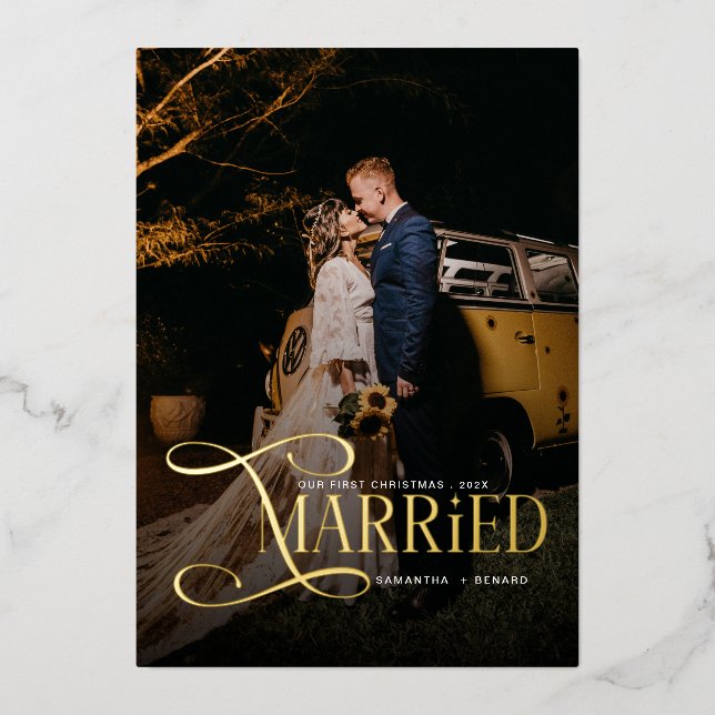 Minimal First Christmas Married Couples 2 Photos  Foil Holiday Card (Front)