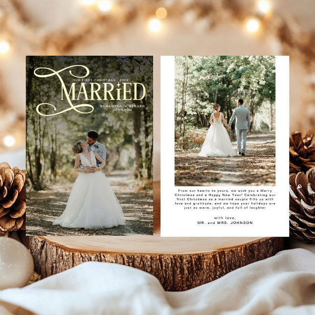 Minimal First Christmas Married Couples 2 Photos  Foil Holiday Card (Creator Uploaded)