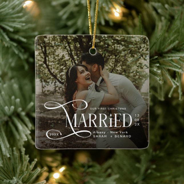 Minimal First Christmas Married Couples Photo Ceramic Ornament (Tree)