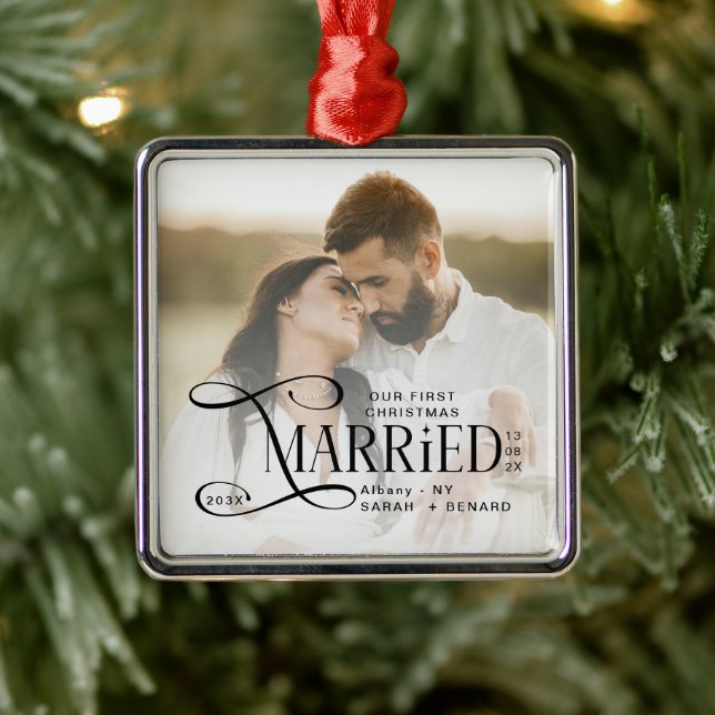 Minimal First Christmas Married Couples Photo Metal Ornament (Tree)