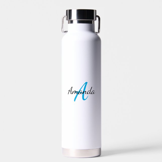 Minimal First Name + Initial Monogram Blue Water Bottle (Front)