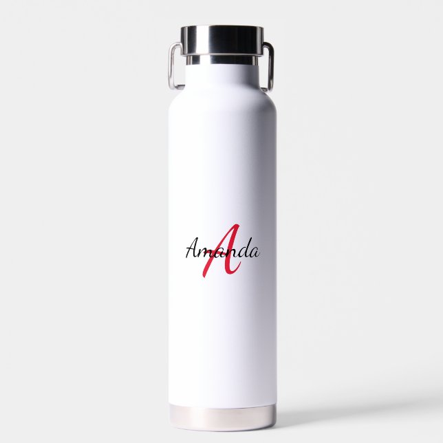 Minimal First Name + Initial Monogram Red Water Bottle (Front)