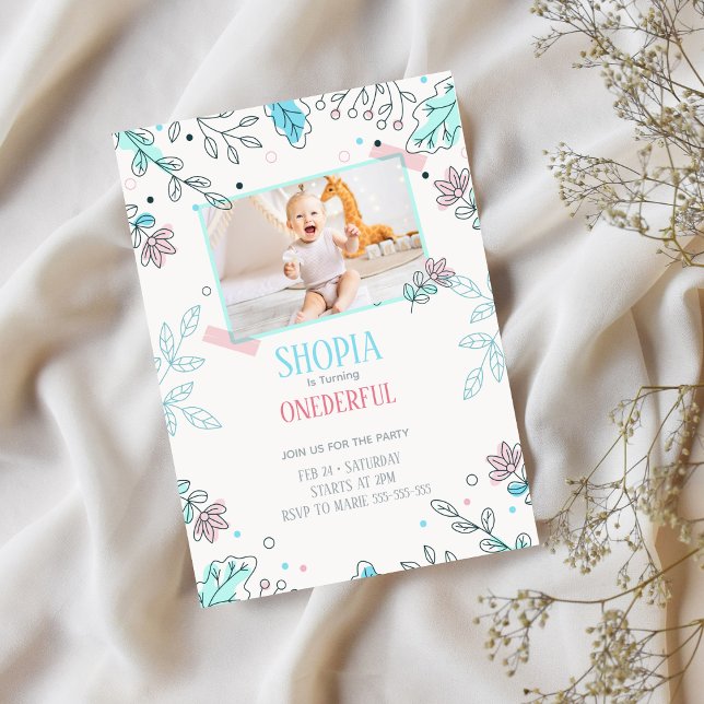 Minimal Floral 1st Birthday Photo Invitation (Creator Uploaded)
