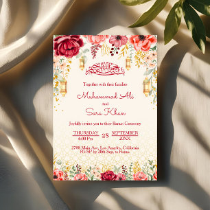 Minimal Floral Baraat Red Muslim Wedding Nikkah Invitation