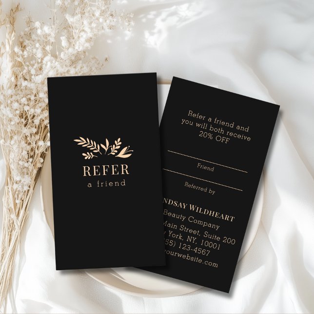 Minimal Floral Black Botanical  Referral Card (Custom Minimal Floral Black Botanical Referral Card)