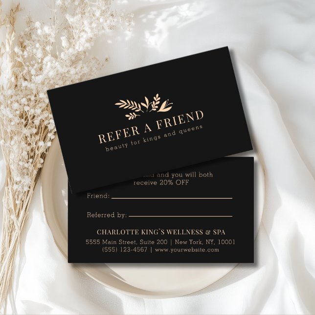 Minimal Floral Black Botanical  Referral Card (Custom Minimal Floral Black Botanical Referral Card)