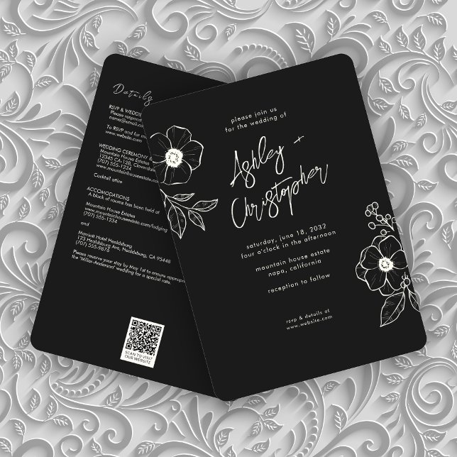 Minimal Floral Botanical Black All-in-One Wedding Invitation (Creator Uploaded)