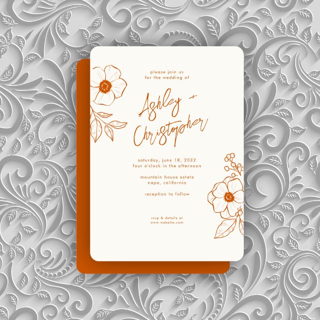 Minimal Floral Botanical Burnt Orange Wedding Invitation (Creator Uploaded)