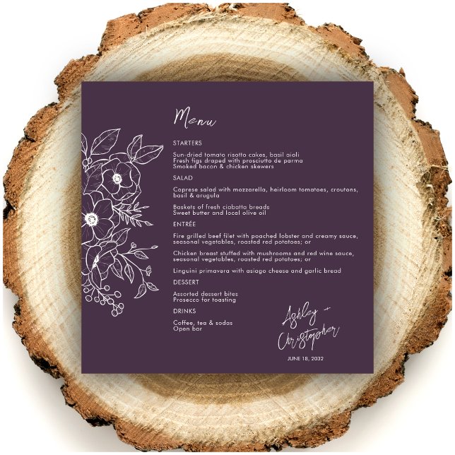Minimal Floral Botanical Eggplant Purple Wedding Menu (Creator Uploaded)
